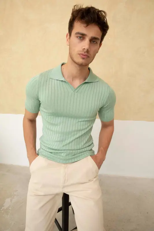Erkak Fitilli Polo Yaka Triko T-Shirt-SU YEŞİLİ - 6