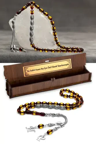 Erkak Had'yallik Harf Puskovli Kahroba Tasbeh, Ismli Taspih Qizil Sariq-Qizil - 1