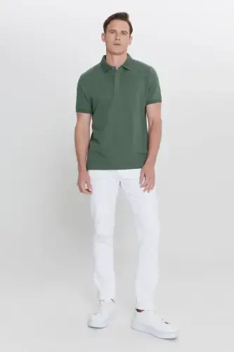 Erkak Haki 100% Paxta Qizarib ketmaydigan Pike Polo Yoqali Slim Fit Tor Kesim Futbolka-Haki - 3