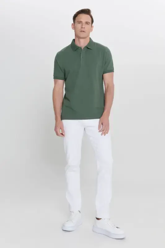 Erkak Haki 100% Paxta Qizarib ketmaydigan Pike Polo Yoqali Slim Fit Tor Kesim Futbolka-Haki - 3