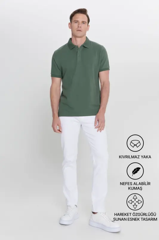 Erkak Haki 100% Paxta Qizarib ketmaydigan Pike Polo Yoqali Slim Fit Tor Kesim Futbolka-Haki - 2