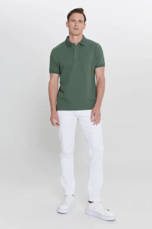 Erkak Haki 100% Paxta Qizarib ketmaydigan Pike Polo Yoqali Slim Fit Tor Kesim Futbolka-Haki - 5