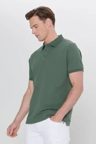 Erkak Haki 100% Paxta Qizarib ketmaydigan Pike Polo Yoqali Slim Fit Tor Kesim Futbolka-Haki - 6