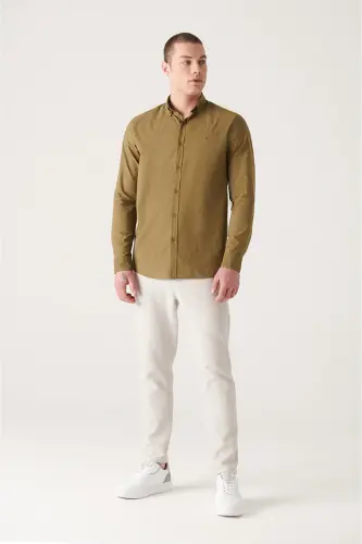 Erkak Haki 100% Paxta Yupqa Yumshoq Tual Tugmali Yoqa Ko'ylak E002206-Haki - 7