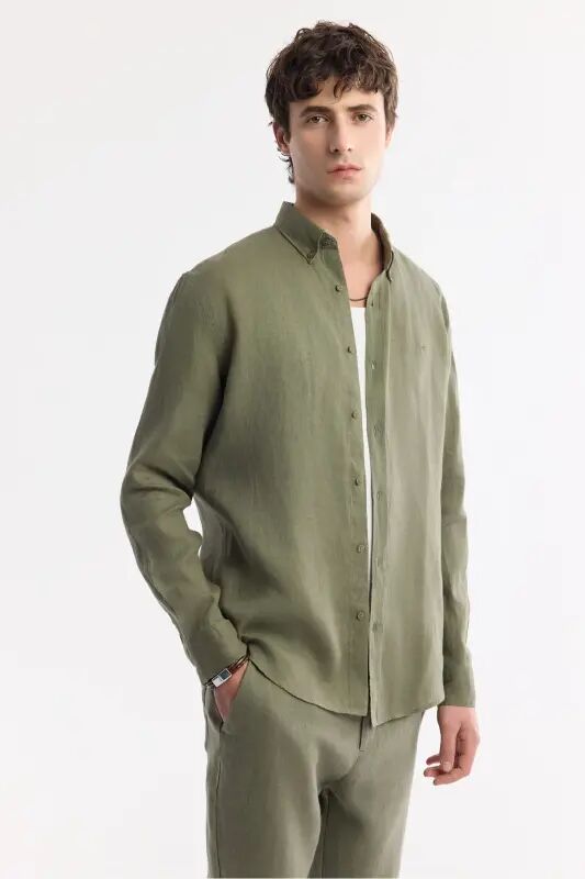 Erkak Haki Comfort Fit %100 Keten Tugmali Yoqa Ko'ylak B002191-Haki - 6