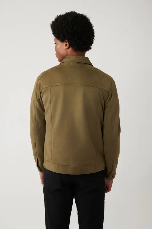 Erkak Haki Klassik Yoqa Zamsh Ko'rinishli Cho'ntakli Kurtka A41Y6011-Haki - 4