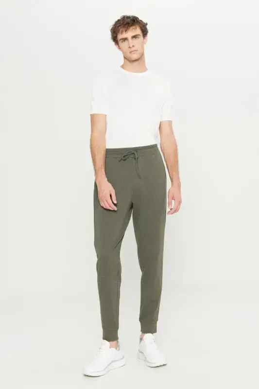 Erkak Haki Melanj Standart Fit Normal Kesim 2 Iplik Cho'ntakli Qulay Recycle Paxtali Jogger Sport Shim-HAKI MELANJ - 2