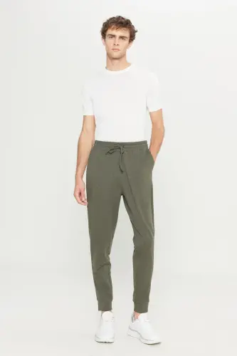 Erkak Haki Melanj Standart Fit Normal Kesim 2 Iplik Cho'ntakli Qulay Recycle Paxtali Jogger Sport Shim-HAKI MELANJ - 3