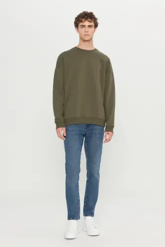 Erkak Haki Oversize Fit Keng Kesimli Paxtalik Ichki Polarli 3 Ip Bilan Tikilgan Velosiped Yoqali Sviter-Haki - 7