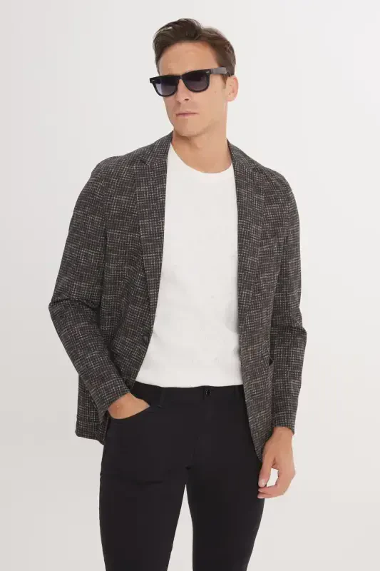 Erkak Haki Slim Fit Tor kesimli Mono Yoqali G'ozoyoqli naqshli Blazer Pidjak - Haki - ALTINYILDIZ CLASSICS