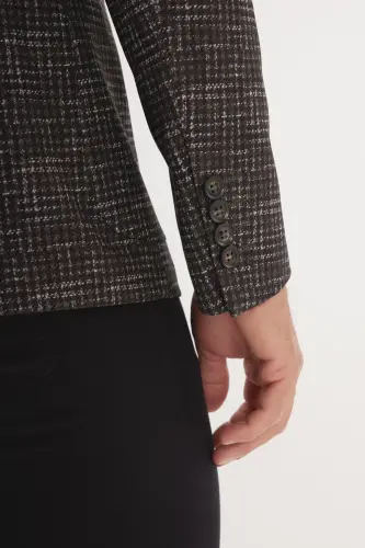 Erkak Haki Slim Fit Tor kesimli Mono Yoqali G'ozoyoqli naqshli Blazer Pidjak - Haki - 4