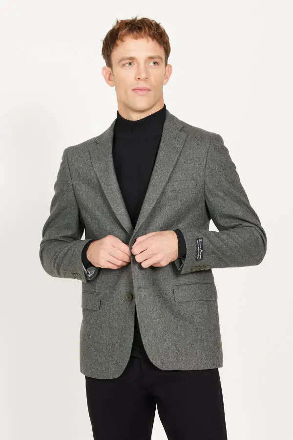 Erkak Haki Slim Fit Tor kesimli Mono yoqali jun palto - 3