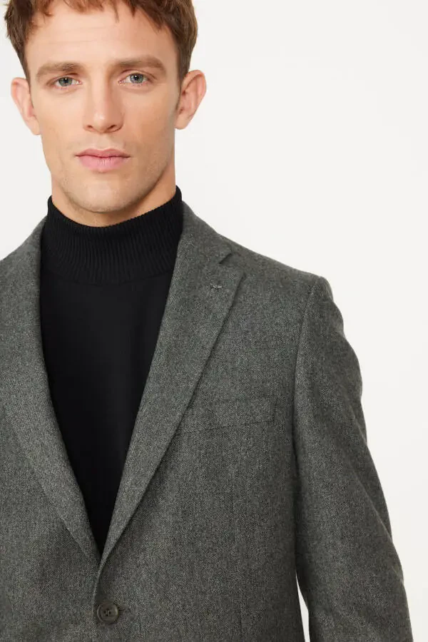 Erkak Haki Slim Fit Tor kesimli Mono yoqali jun palto - 5