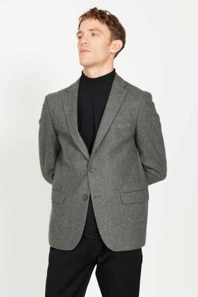 Erkak Haki Slim Fit Tor kesimli Mono yoqali jun palto - 4