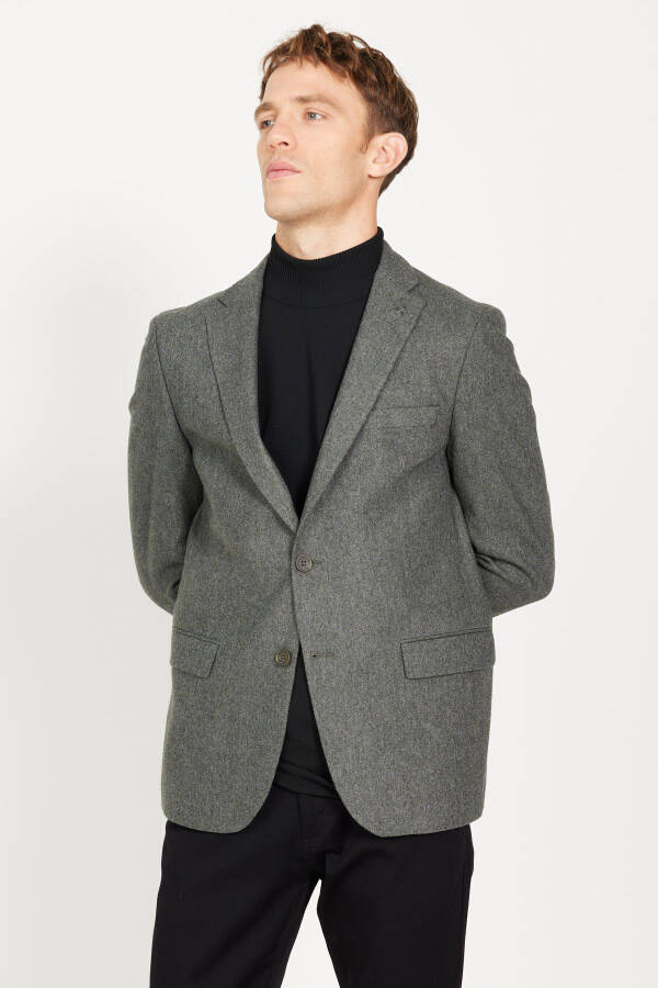 Erkak Haki Slim Fit Tor kesimli Mono yoqali jun palto - 4