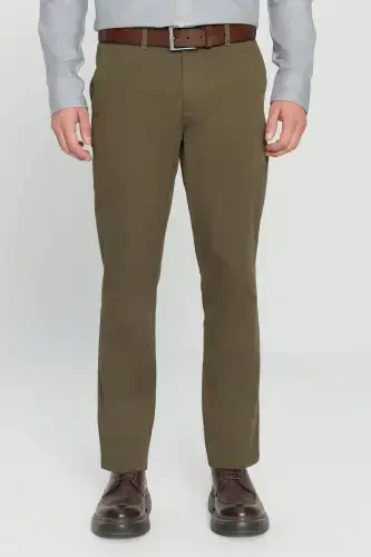 Erkak Haki Slim Fit Tor kesimli paxtali yon cho'ntakli elastik Chino shim - Haki - 1