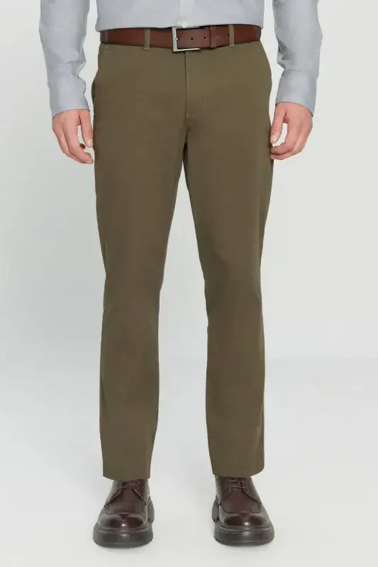 Erkak Haki Slim Fit Tor kesimli paxtali yon cho'ntakli elastik Chino shim - Haki - 1