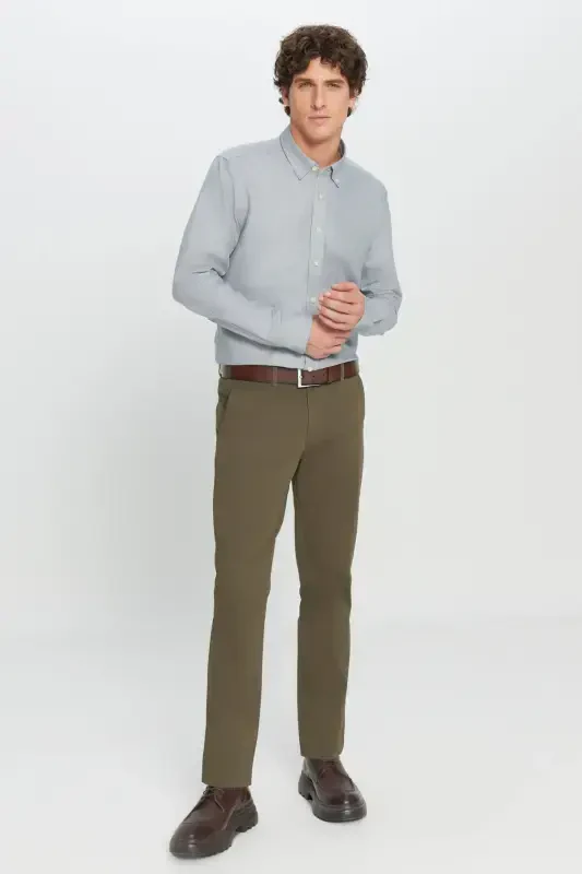Erkak Haki Slim Fit Tor kesimli paxtali yon cho'ntakli elastik Chino shim - Haki - 2
