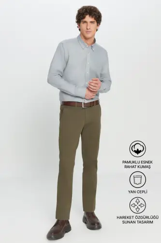 Erkak Haki Slim Fit Tor kesimli paxtali yon cho'ntakli elastik Chino shim - Haki - 2