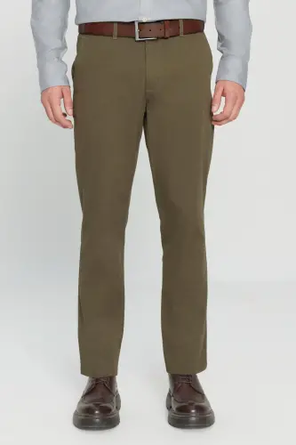 Erkak Haki Slim Fit Tor kesimli paxtali yon cho'ntakli elastik Chino shim - Haki - 3