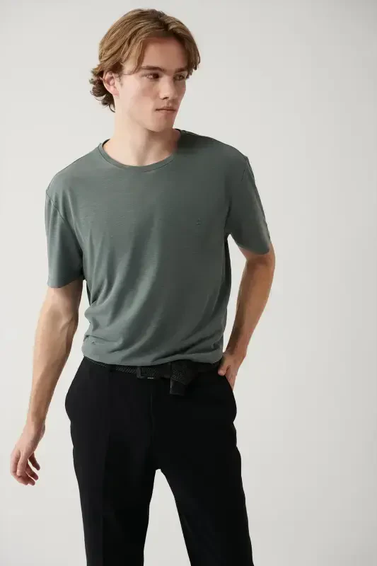 Erkak Haki Soft Touch Velosiped Yoqali T-shirt B001031-Haki - 3