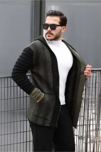 Erkak Haki Yengli Naqshli Kapüşonli Poncho Kardigan-Haki - 5