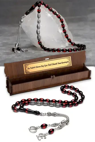 Erkak Hediyalik Harf Püskülli Kehribar Tasbeh, Ismli Tasbeh Qizil-s-Qizil Qora - 1