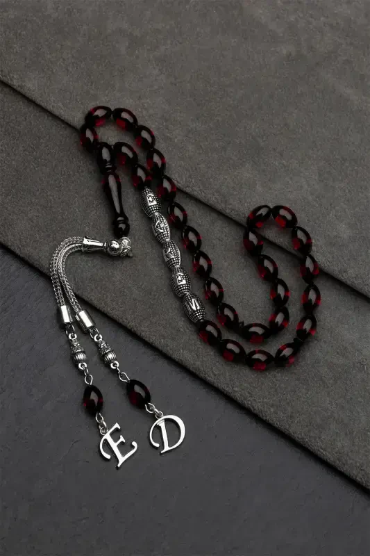 Erkak Hediyalik Harf Püskülli Kehribar Tasbeh, Ismli Tasbeh Qizil-s-Qizil Qora - 5