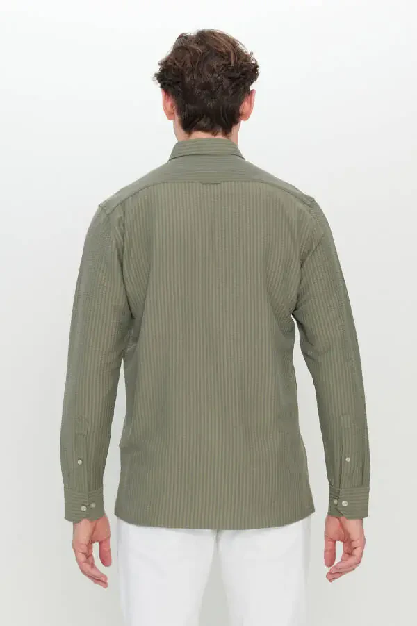 Erkak Hoki Slim Fit Tor kesimli tugmali yoqali armürli gofre naqshli ko'ylak - 5