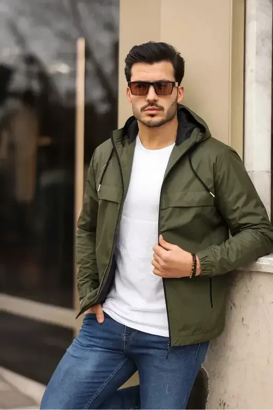 Erkak ichi astarlangan suvga chidamli kapyushonli cho'ntakli yomg'ir paltosi - HAKI - 5