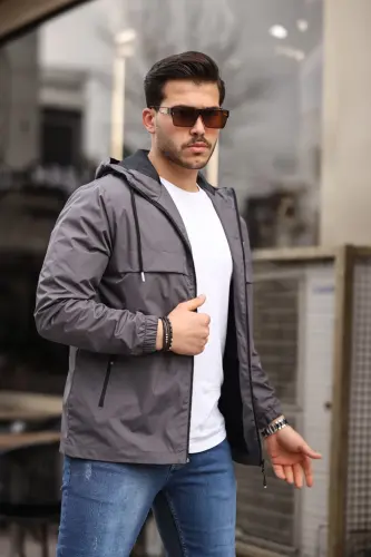 Erkak Ichi Astarlı Suvga Chidamli Kapüşonli Cho'ntakli Yomg'ir Palto - K.GRİ - 3