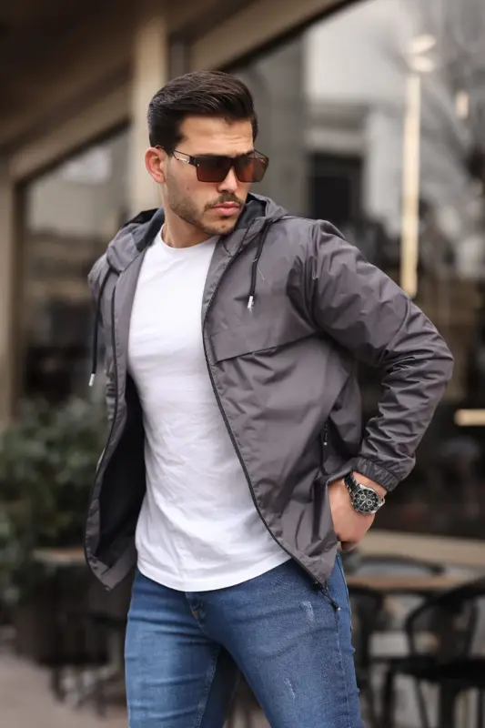 Erkak Ichi Astarlı Suvga Chidamli Kapüşonli Cho'ntakli Yomg'ir Palto - K.GRİ - 6