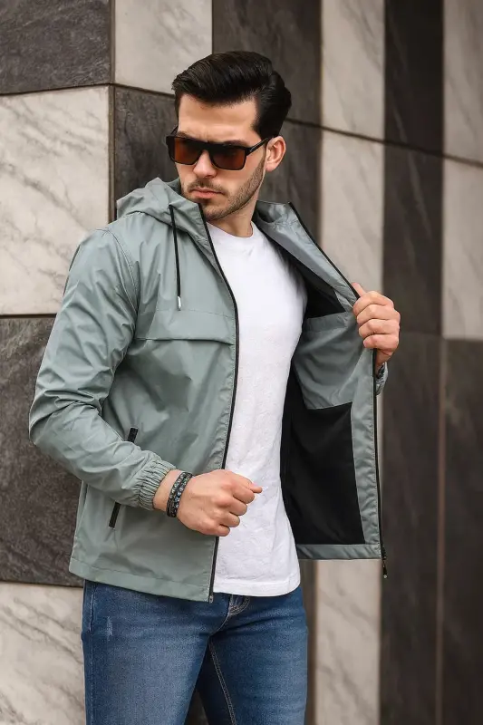 Erkak Ichi Astarlı Suvga Chidamli Kapüşonli Cho'ntakli Yomg'ir Palto-MINT - 5