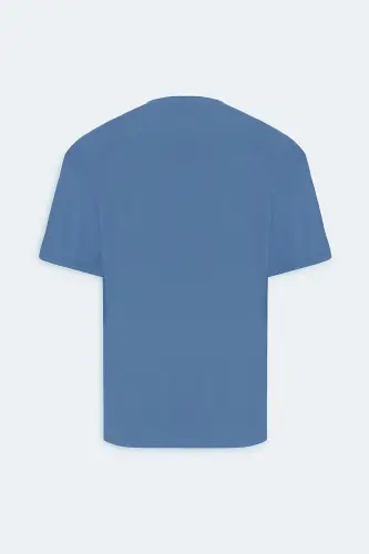 Erkak Indigo Loose Fit Keng kesimli 100% paxta bosma velosiped yoqali futbolka - 1