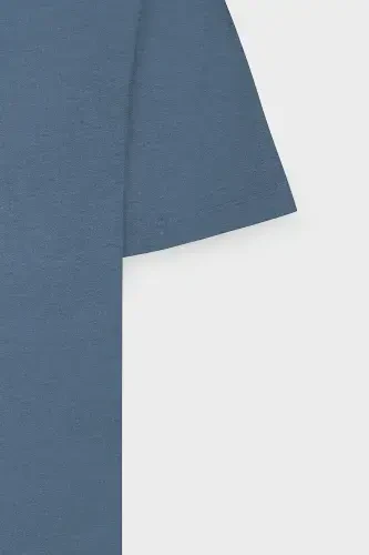 Erkak Indigo Melanj Paxtali Slim Fit Tor Kesimli Velosiped Yoqali Asosiy Futbolka-INDIGO MELANJ - 7