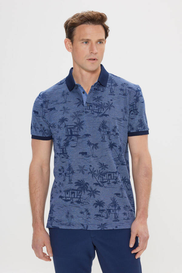 Erkak Indigo Slim Fit Tor Kesim %100 Paxta Naqshli Polo Yaxali Futbolka - 1