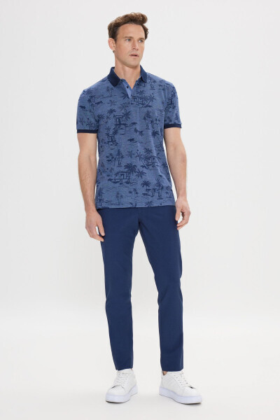 Erkak Indigo Slim Fit Tor Kesim %100 Paxta Naqshli Polo Yaxali Futbolka - ALTINYILDIZ CLASSICS (1)