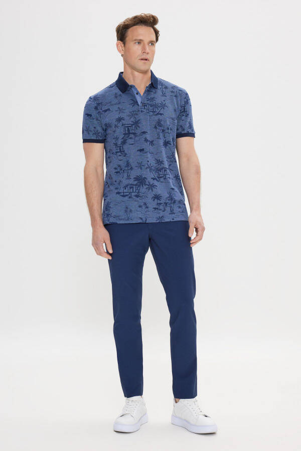 Erkak Indigo Slim Fit Tor Kesim %100 Paxta Naqshli Polo Yaxali Futbolka - 2