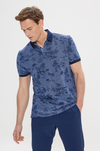Erkak Indigo Slim Fit Tor Kesim %100 Paxta Naqshli Polo Yaxali Futbolka - 3