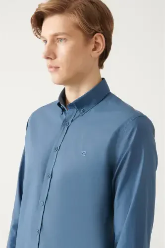 Erkak Indigo tugmali yoqali Basic 100% paxta ko'ylak B002030-Indigo - AVVA (1)