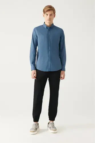 Erkak Indigo tugmali yoqali Basic 100% paxta ko'ylak B002030-Indigo - 5