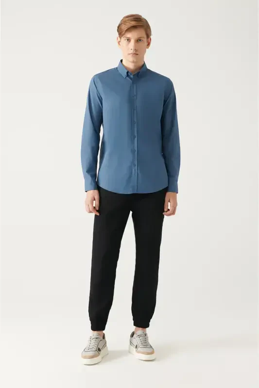 Erkak Indigo tugmali yoqali Basic 100% paxta ko'ylak B002030-Indigo - 5