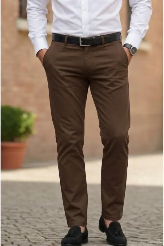 Erkak jigarrang gabardin paxta zig'ir Slim Fit elastik chino shim - jigarrang - 1