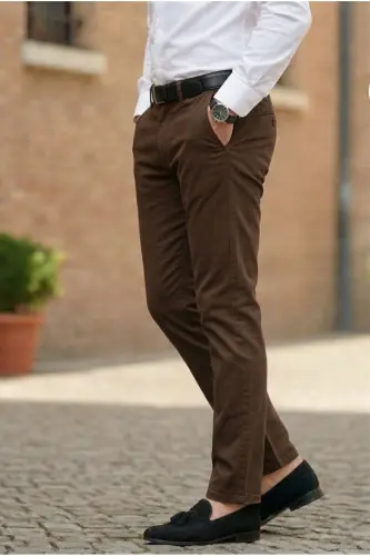 Erkak jigarrang gabardin paxta zig'ir Slim Fit elastik chino shim - jigarrang - 2