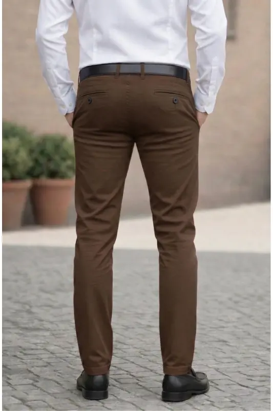 Erkak jigarrang gabardin paxta zig'ir Slim Fit elastik chino shim - jigarrang - 3