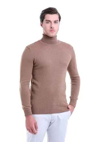 Erkak jigarrang regular fit naqshli balıkçı yaka - 1