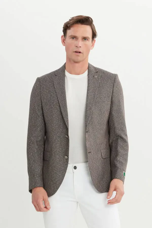 Erkak jigarrang Slim Fit tor kesilgan mono yoqali armür - 1