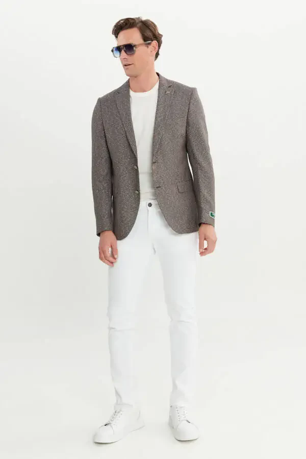 Erkak jigarrang Slim Fit tor kesilgan mono yoqali armür - 2