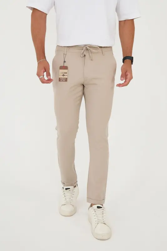 Erkak Jogger Slimfit Bel Yarim Rezinka Duble Poça Bej Mato Pantolon-Bej - 1