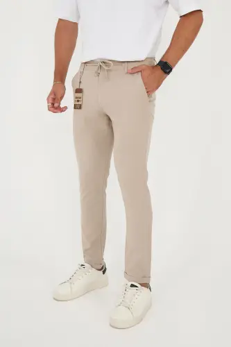 Erkak Jogger Slimfit Bel Yarim Rezinka Duble Poça Bej Mato Pantolon-Bej - 2